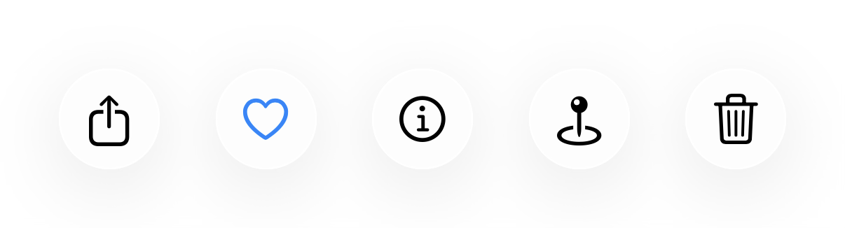 Photo action icons: share, favorite, info, add location, and delete